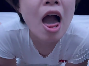 Kinky Chinese stunner makes dirty choking sounds while being ruthlessly bj'ed & spunked on