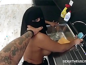 Big-titted Muslim wifey gets her cock-squeezing caboose screwed while dressed in a hijab