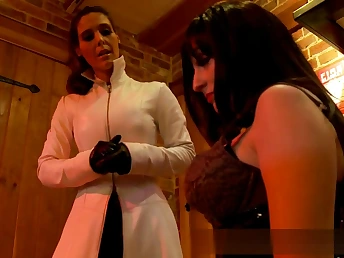 Horny looking ladies getting defoliated and exposing their fine boobs