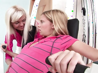 Watch these young babes strip down and pleasure each stand-in with fat dildos